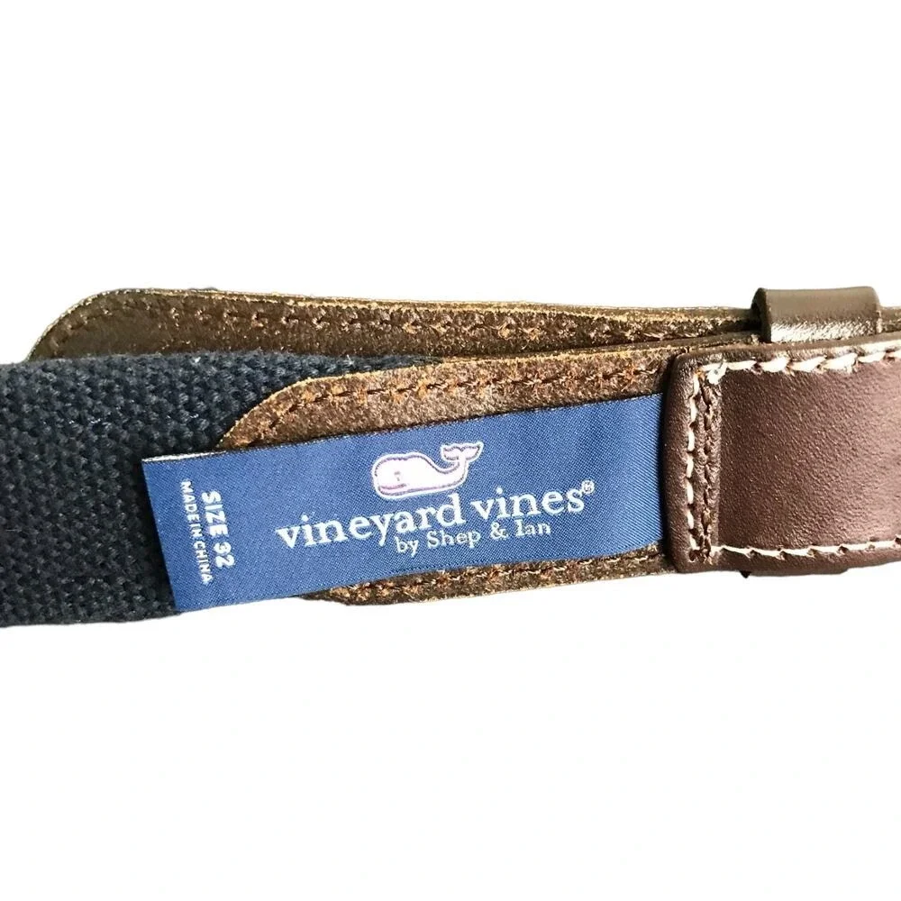Vineyard‎ Vines Belt Mens 32 Navy Cocktail Sled Silk Canvas Club Leather Trim